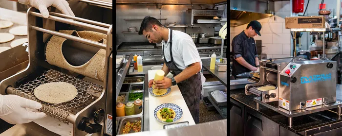 People making tortillas in restaurant